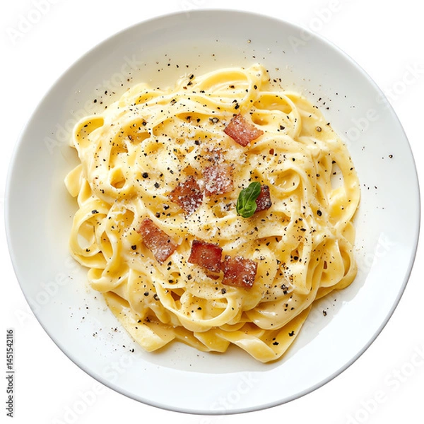 Fototapeta Pasta carbonara with bacon, cheese, basil on a white plate, isolated on white background.