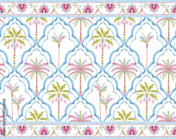 Obraz Seamless Multicolored Watercolor Moroccan Pattern with Stylized Palm Trees and Geometric Texture , Creative Repeat Modern Pattern with Ornamental Design