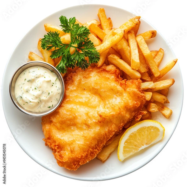 Fototapeta Crispy fish and chips served with tartar sauce, garnished with lemon.