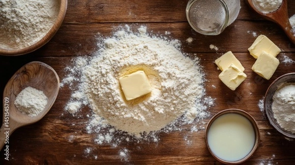 Obraz Baking ingredients, flour, butter, milk, wooden table, overhead shot, food preparation