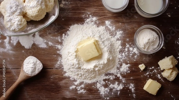 Obraz Baking ingredients on wood butter, flour, milk. Pastry recipe preparation. Food blog image