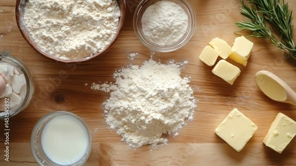 Obraz Baking ingredients on wood, overhead view