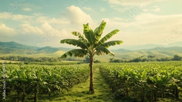 Obraz Banana tree in a field, mountains in background, rural landscape, nature photography