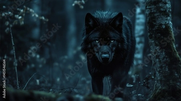 Obraz Black wolf stares, forest night, mysterious background, wildlife photography
