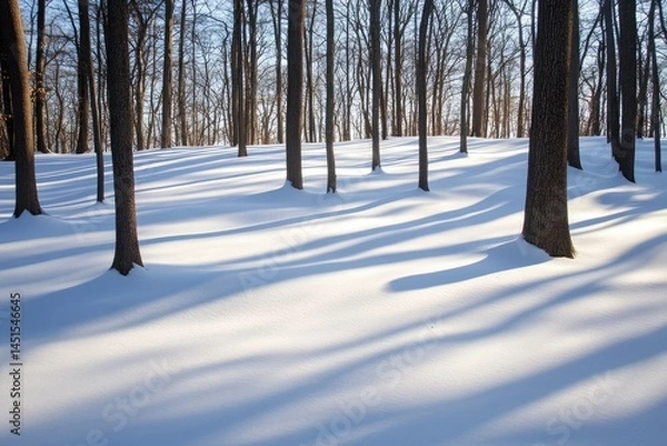 Obraz Snowy forest floor with tree shadows