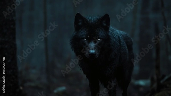 Obraz Black wolf stares, misty forest background; wildlife, nature photography