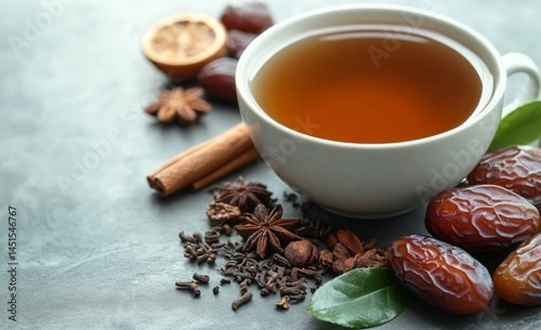 Fototapeta Minimalist Ramadan Concept with Dates, Tea, and Cinnamon Sticks on Light Gray Background