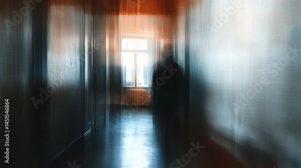 Obraz Blurred figure in dark hallway, light from window, mystery. Use Thriller film backdrop