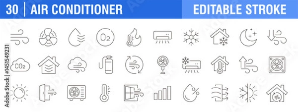 Fototapeta Collection of air conditioner icons. Cooling system, fan, circulation, temperature. Vector design template, signs, symbols, editable stroke.