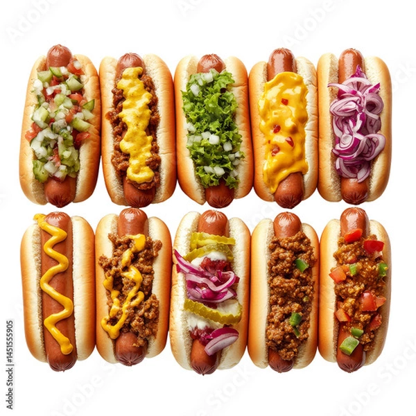 Fototapeta Delicious variety of hot dogs featuring chili, melted cheese, and fresh toppings at a summer cookout, Variety of Hot Dogs Classic, Chili, Melted Cheese, Vegetarian Options On transparent background