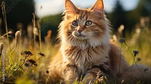 Obraz A beautiful adult fluffy cat sits on the grass in a forest clearing. Favorite pets.