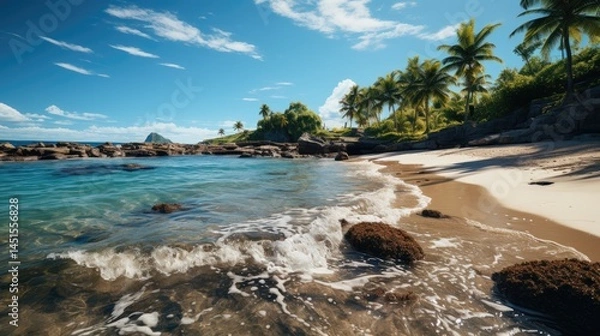Obraz Charming tropical island with yellow beach, blue waves and blue sea. Sunny deserted beach with clear water. Theme of travel and recreation.