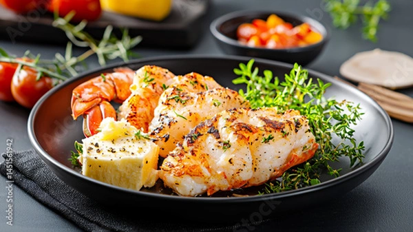 Fototapeta Grilled seafood dish featuring succulent shrimp and lobster, garnished with fresh herbs and butter, evoking delightful