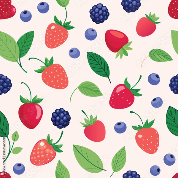 Fototapeta fresh berries and leaves seamless pattern.