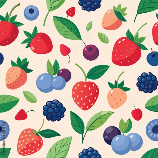 Fototapeta fresh berries and leaves seamless pattern.
