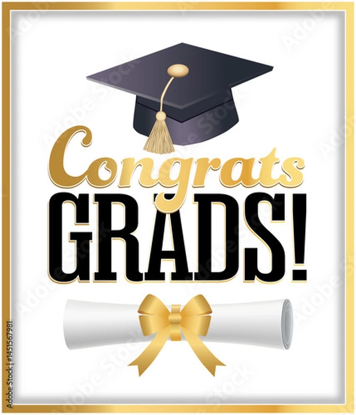 Fototapeta “Congrats Grads” Graduation Poster with Cap, Diploma Scroll, and Gold Accents – Editable Vector Art - Make Your School's Color the Background
