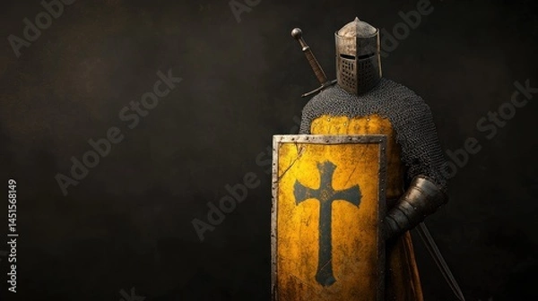 Fototapeta Medieval Knight in Full Armor with Shield and Sword