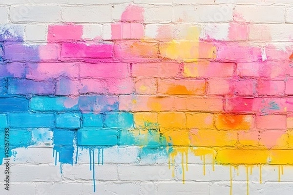 Obraz Vibrant, colorful painted brick wall with dripping paint