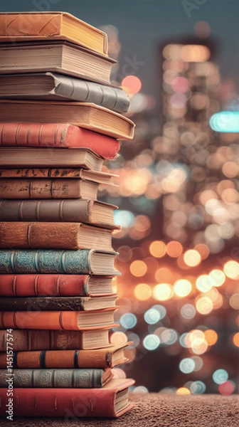 Fototapeta Vintage stack of books with city lights in background