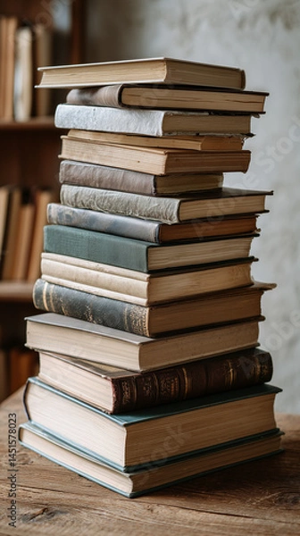 Fototapeta Stack of Vintage Books on Rustic Wooden Table