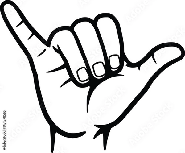Fototapeta Silhouette illustration of a hand making the shaka gesture, with the thumb and pinky finger extended outward, symbolizing aloha, friendliness, and positive connection