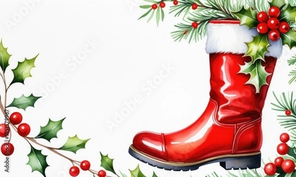 Fototapeta Festive red boot with holly and berries in christmas arrangement