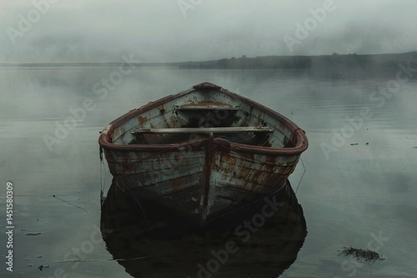 Fototapeta Abandoned Rusty Boat on Serene Foggy Lake in Dull Gray Atmosphere