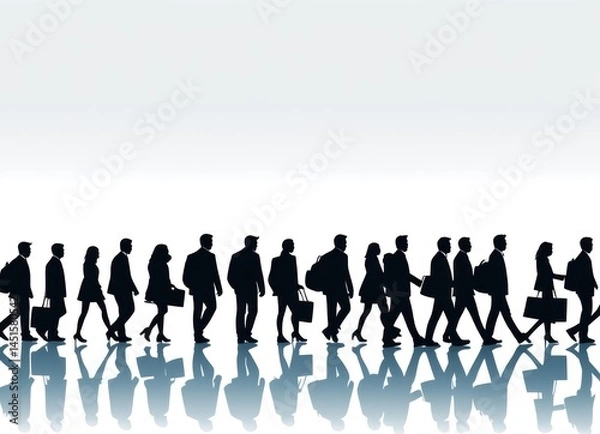 Fototapeta Businesspeople silhouettes walking in profile with reflections