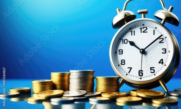 Fototapeta Time and money concept with vintage clock and stacked coins on reflective surface