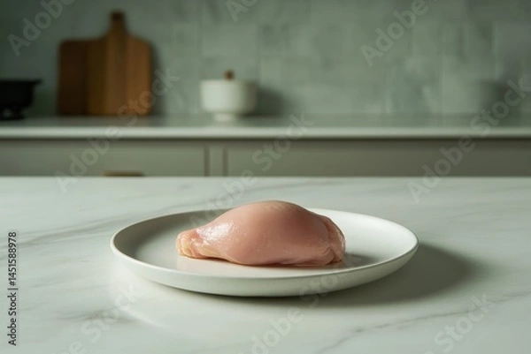 Fototapeta Photo of Fresh chicken on a white plate in a minimalist kitchen  , Generative AI