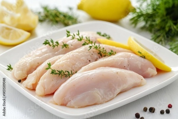 Fototapeta Photo of Fresh chicken on a white plate in a minimalist kitchen  , Generative AI