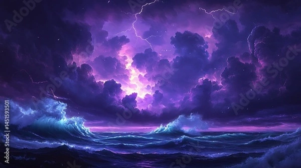 Fototapeta A raging ocean storm with waves crashing in emerald and sapphire tones, lightning illuminating the sky, swirling clouds above a churning sea. Created using: cinematic storm photography,