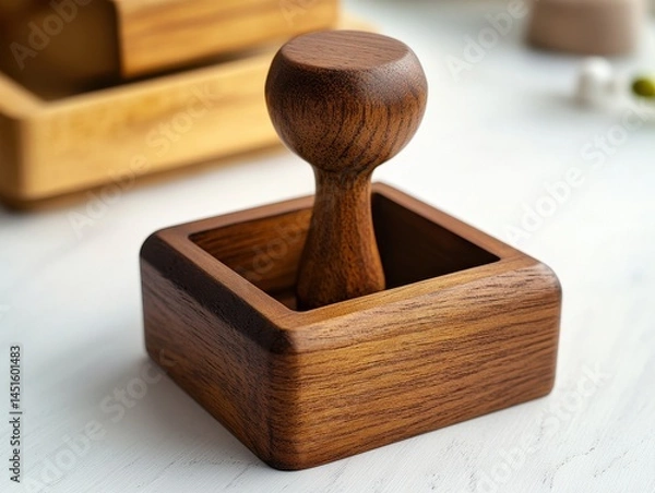 Obraz Dark Brown Wooden Stamp in Square Base on Light Background