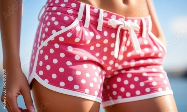 Fototapeta Pink polka dot swim shorts at the beach with ocean background