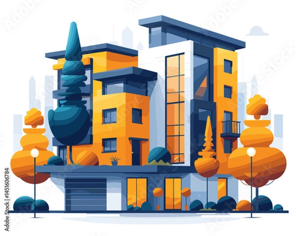 Obraz Modern apartment building in the autumn forest. Flat style vector illustration.