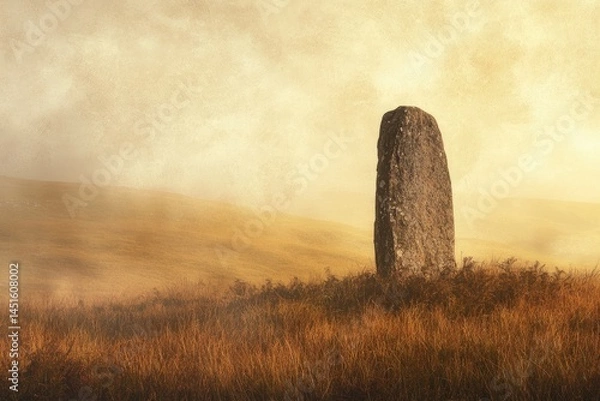 Fototapeta Mysterious standing stone in a field of golden grass under a warm, hazy sky evokes ancient history.