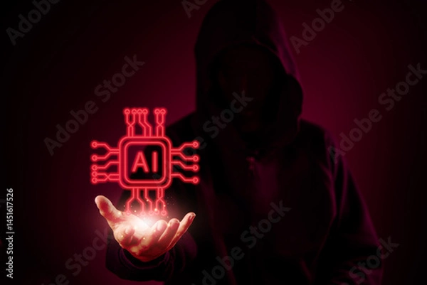 Fototapeta AI hacker holding a glowing red chip symbolizing artificial intelligence in cybercrime, darkweb, and digital technology threat for cybersecurity and malware protection.