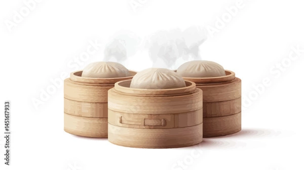 Obraz Studio close-up: Three round light-colored buns, placed in a light brown bamboo steamer. Each bun displays subtle textural details, making it feel soft and fluffy.