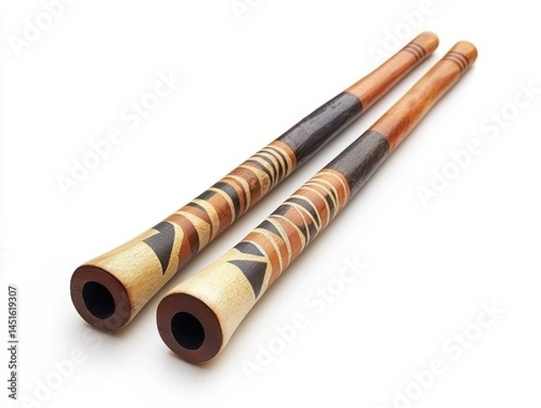 Obraz Pair of Aboriginal Didgeridoos with Intricate Brown Black and Beige Patterns on White Background