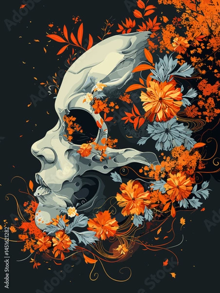 Obraz Skull with flowers and birds on a dark background. Vector illustration.