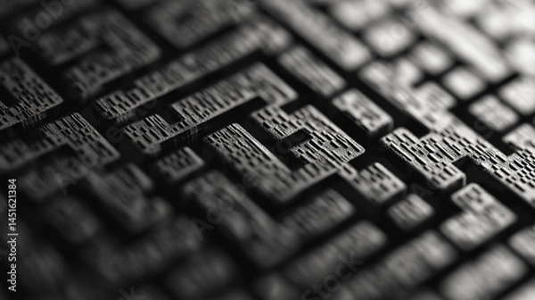 Fototapeta Abstract textured pattern of a dark, intricate maze-like structure with varying depths and shadows, evoking a sense of complexity and mystery