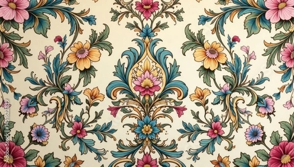 Fototapeta Intricate floral damask pattern in muted tones, repeating, seamless, art
