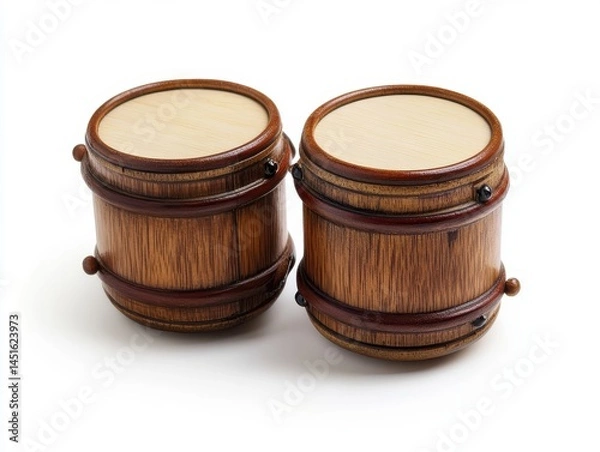 Obraz Pair of Small Cylindrical Wooden Barrels with Dark Brown Bands on White Background