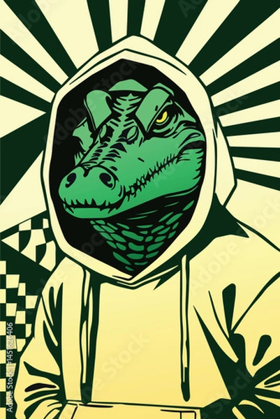 Obraz Crocodile in a hoodie poster. Hand drawn vector illustration