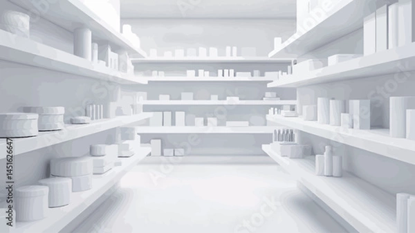 Obraz This image presents a digitally rendered perspective of two parallel retail aisles. The entire scene is rendered in a monochromatic white hue. The shelves are evenly spaced and neatly organized.
