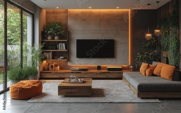 Obraz Modern living room interior design, plants, cozy seating