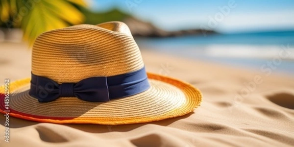 Fototapeta Elegant straw hat with blue ribbon on sandy beach under bright sunlight