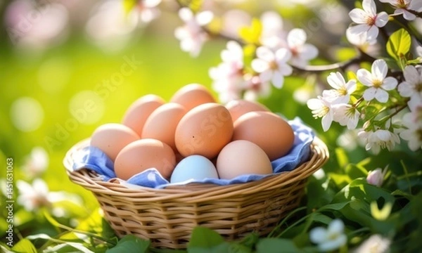 Fototapeta Basket of fresh eggs surrounded by blossoms in a spring garden setting