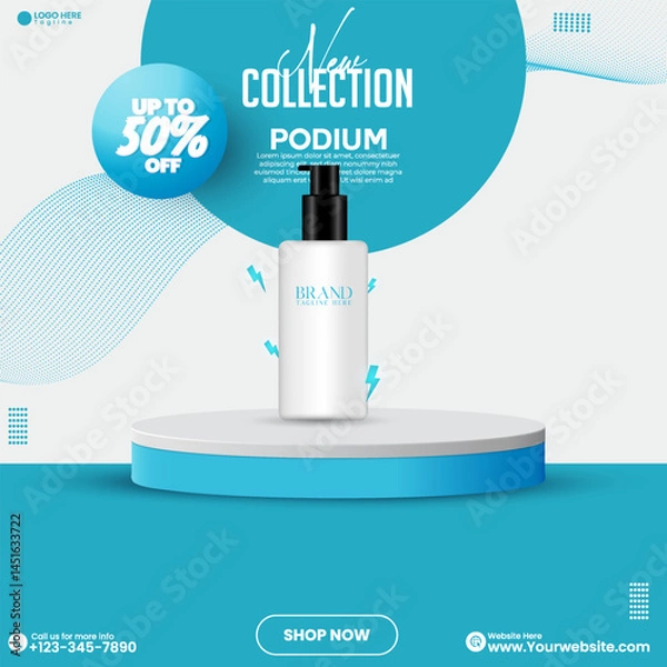 Fototapeta 3D render social media promotion product sale empty abstract mockup design vector in isolated background. Blue color social media product advertisement podium background design. Blue product podium. 