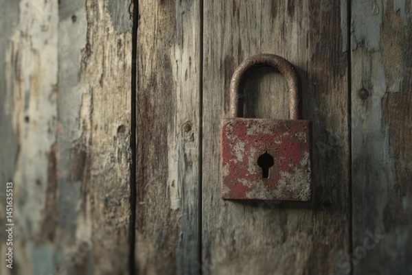 Fototapeta A weathered, red padlock hangs on a rustic, grey wooden door, creating a sense of security and age.